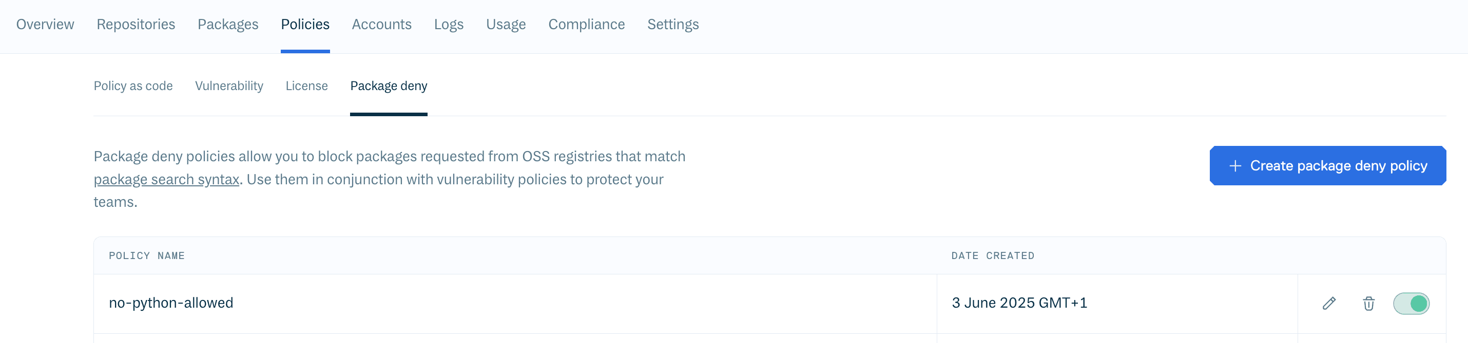 Package deny policies in the Cloudsmith web app