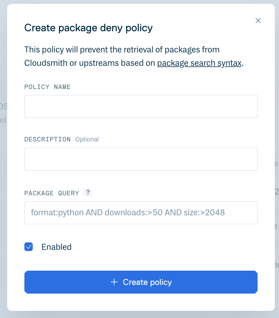 The 'Create package deny policy' form in the Cloudsmith web app 
