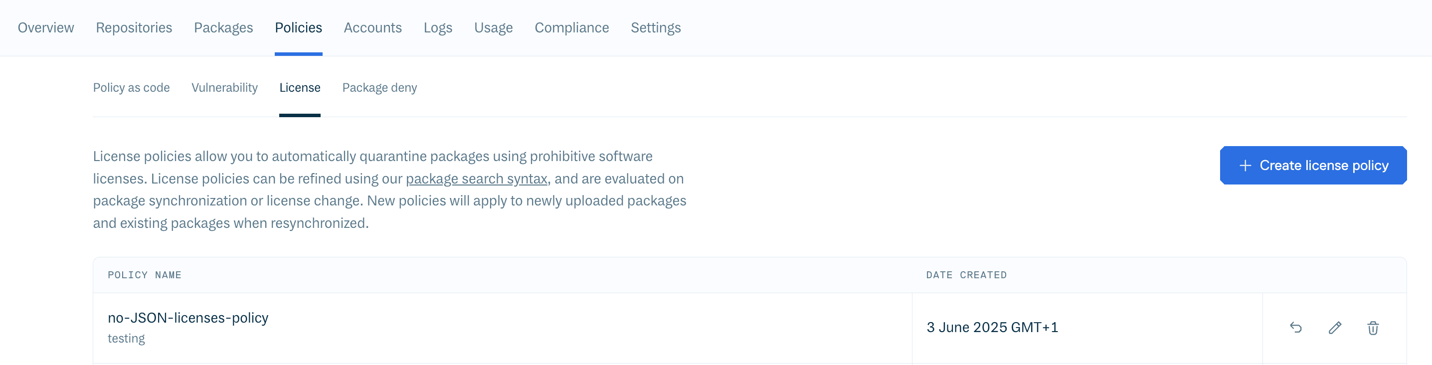 License policies in the Cloudsmith web app
