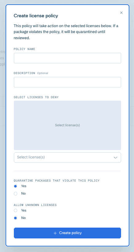 The 'Create license policy' form in the Cloudsmith web app