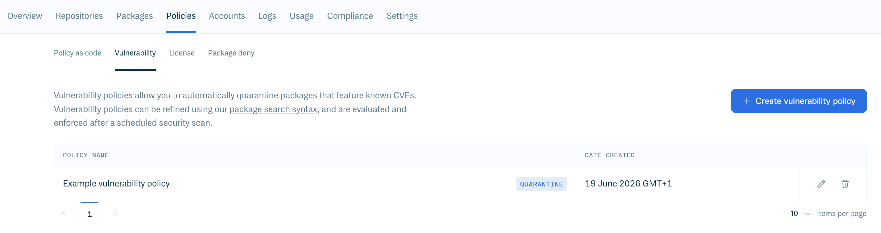 Vulnerability policies in the Cloudsmith web app