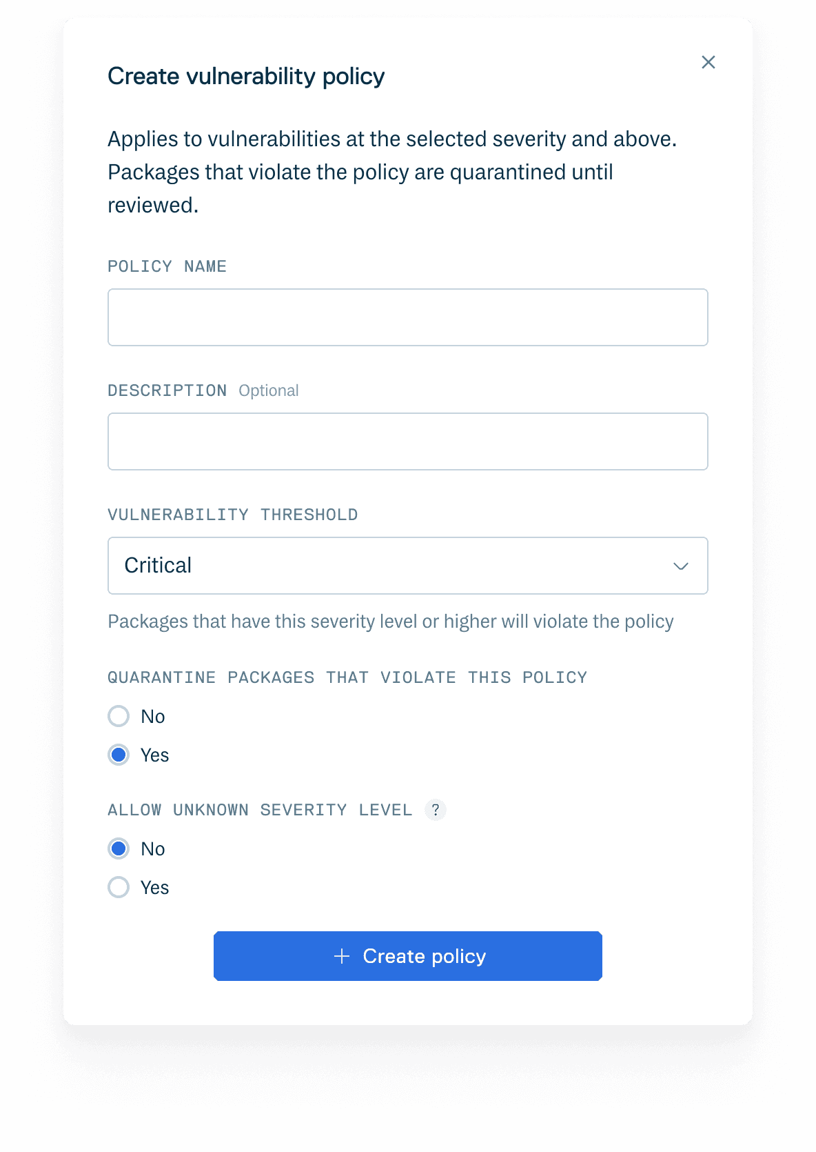Create vulnerability policy form