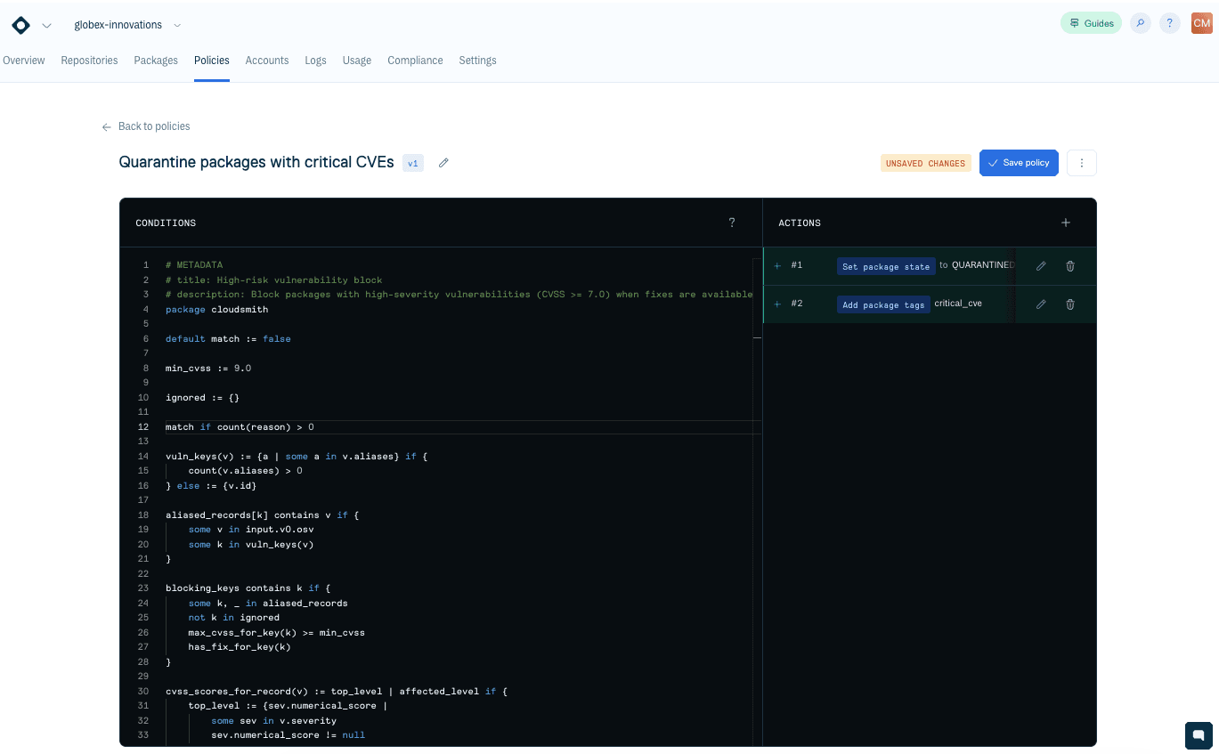 The edit view for a Rego policy in the Cloudsmith web app