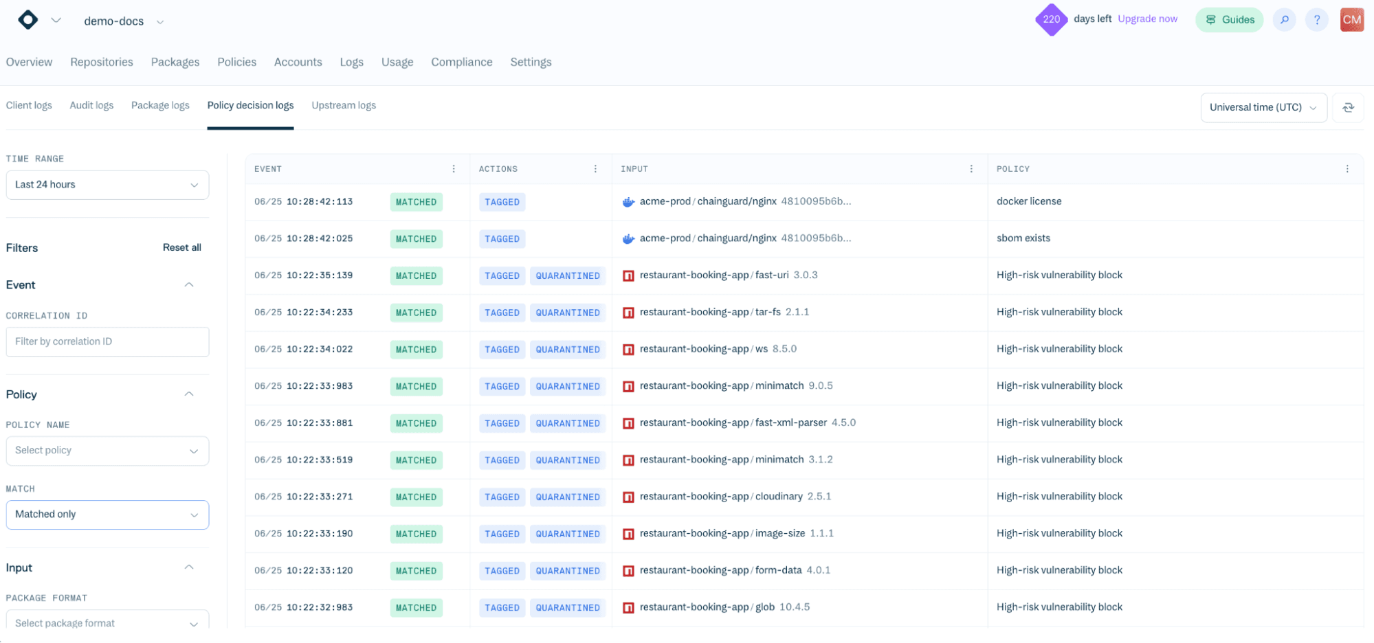 The 'Policy decision logs' page in the Cloudsmith web app