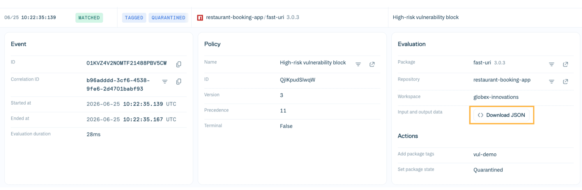 An expanded policy decision log entry with the 'Download JSON' option highlighted.
