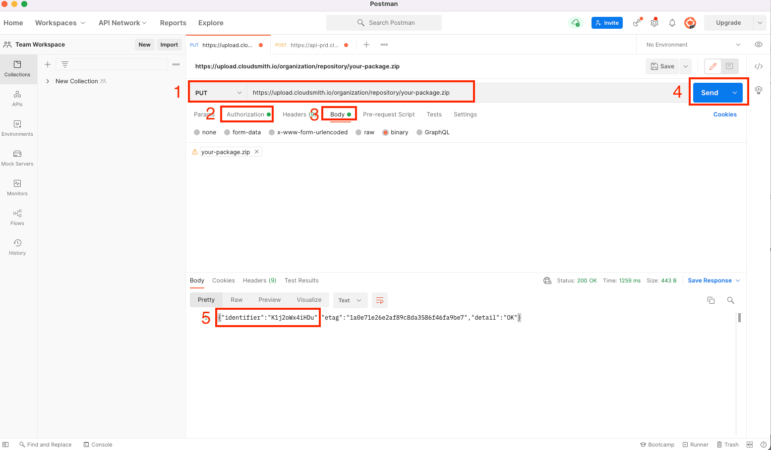 A Postman PUT request to the upload URL, with the identifier in the response