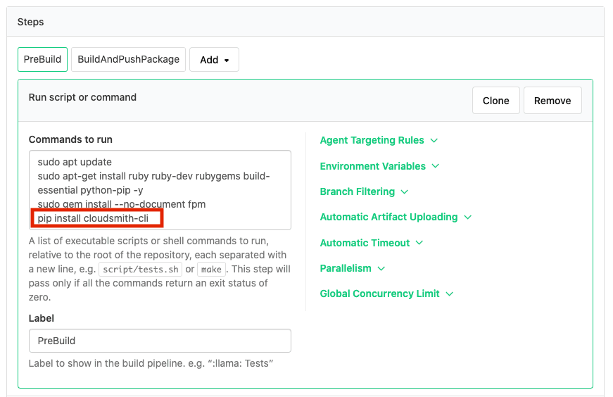 Adding the Cloudsmith CLI install commands to a pipeline step in the Buildkite web UI