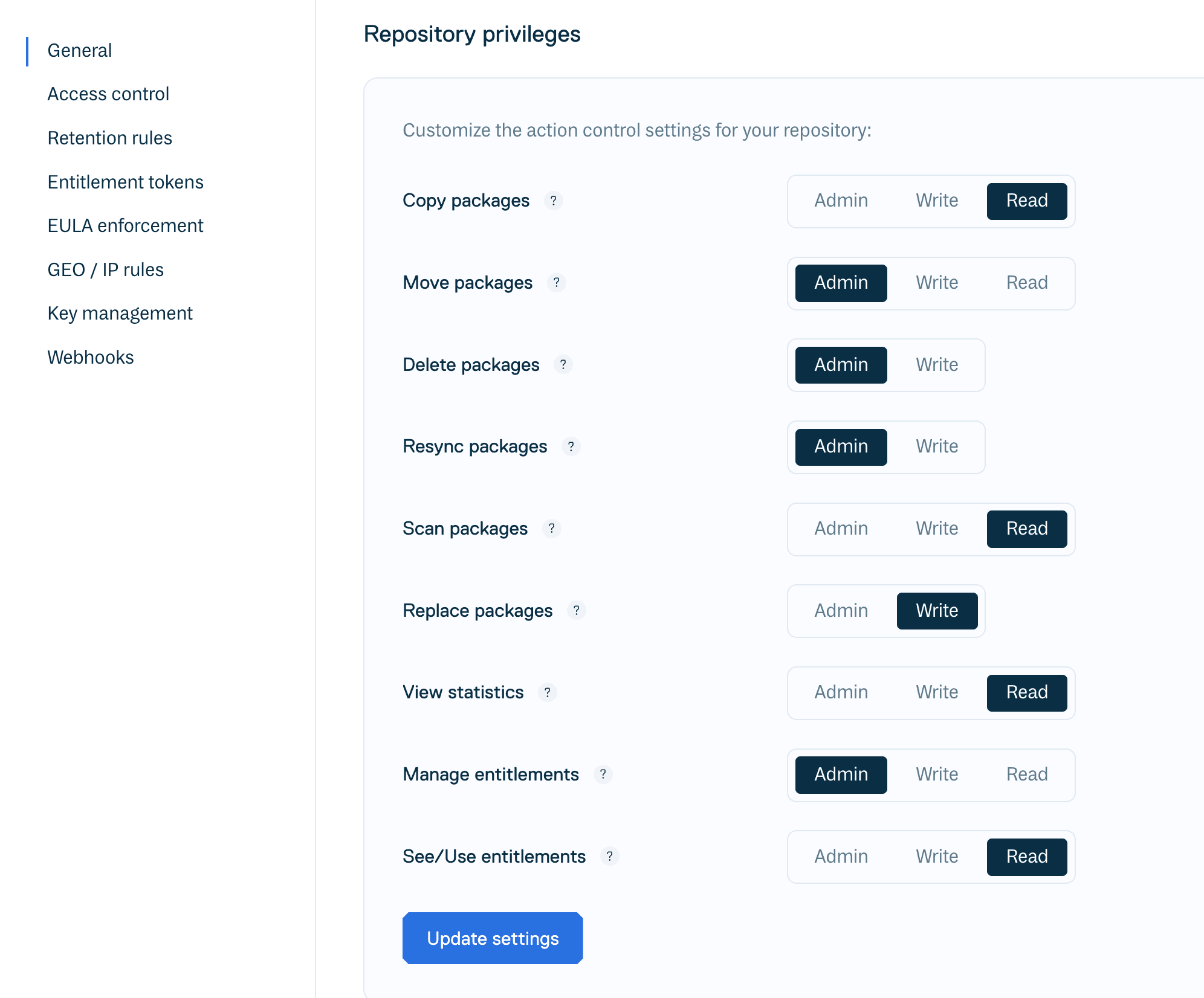 Fine-grained privilege settings for a repository