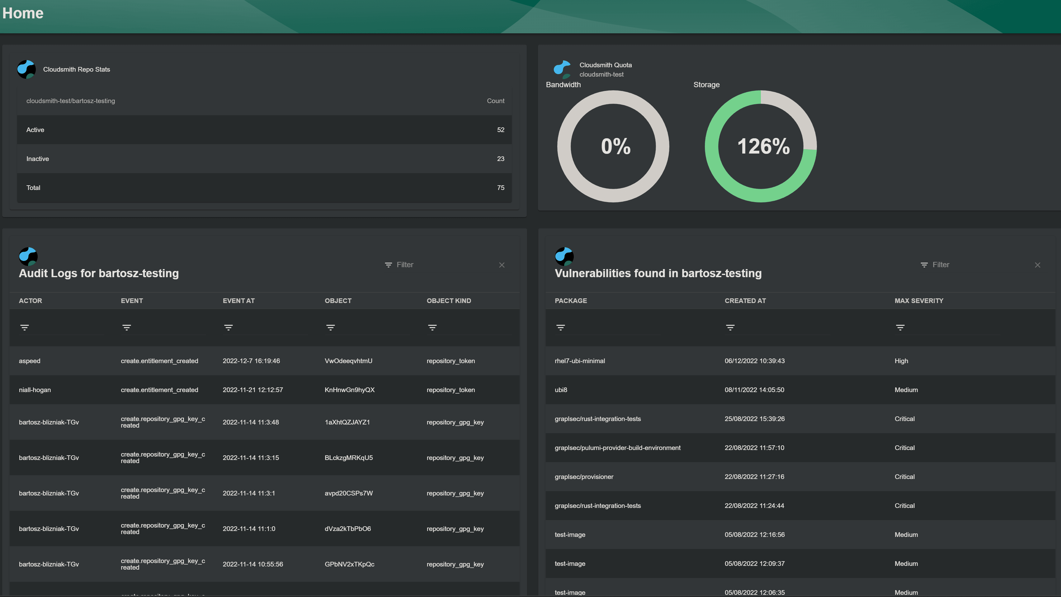 The Cloudsmith plugin displaying package data in a Roadie service catalog dashboard