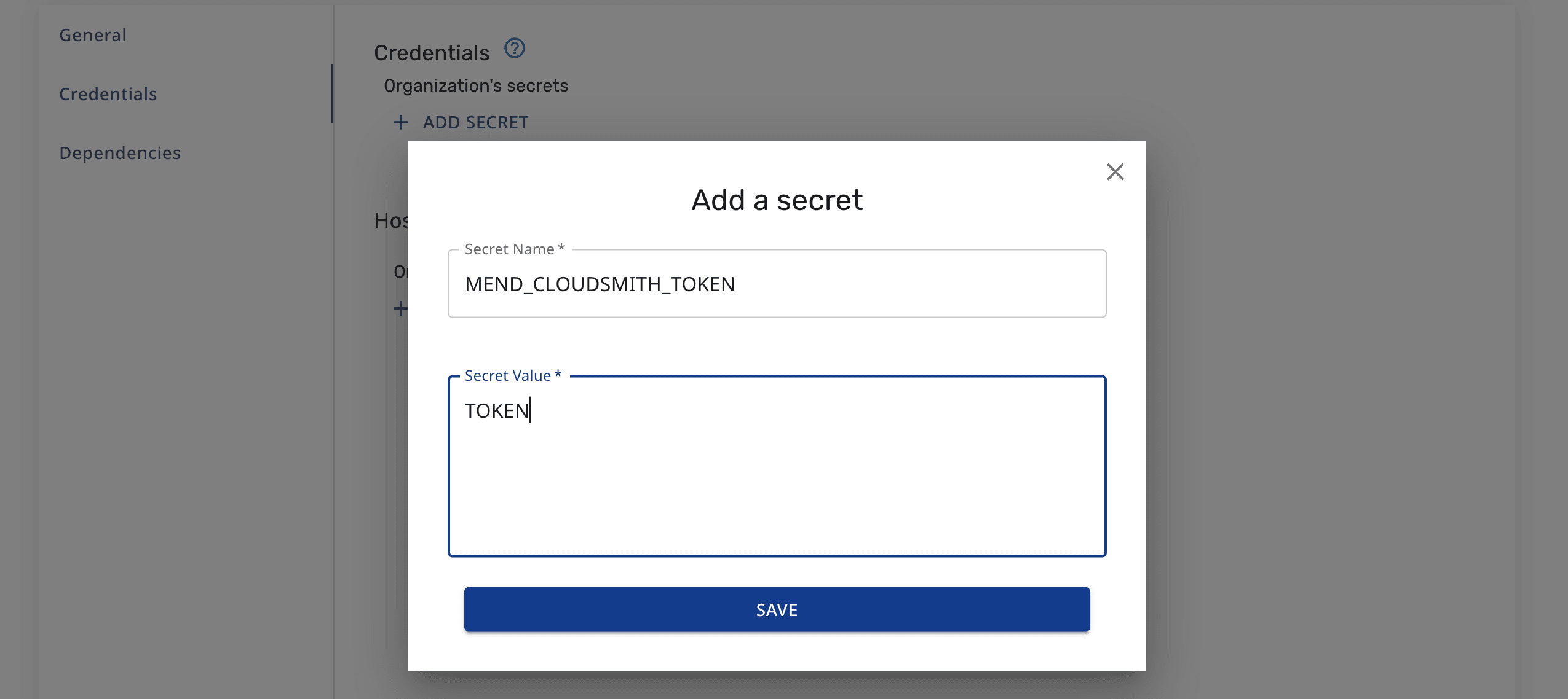 The Cloudsmith entitlement token added as a secret with the Env var box checked