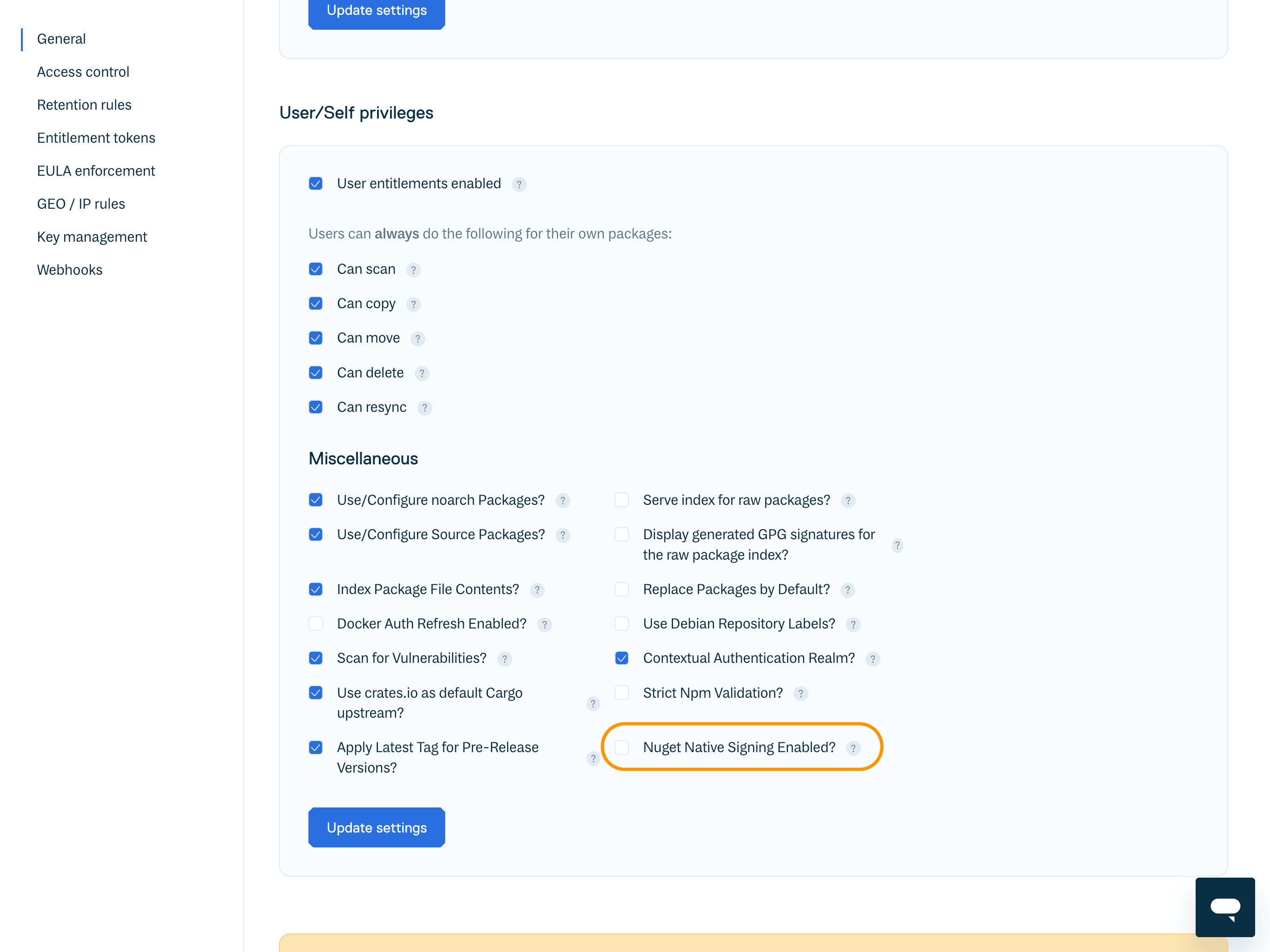 The NuGet Native Signing option in the Miscellaneous repository settings