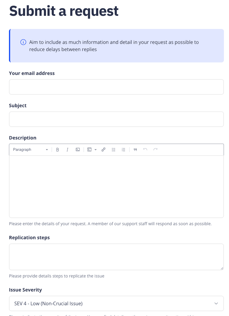 The 'Submit a request' form on the Cloudsmith support portal