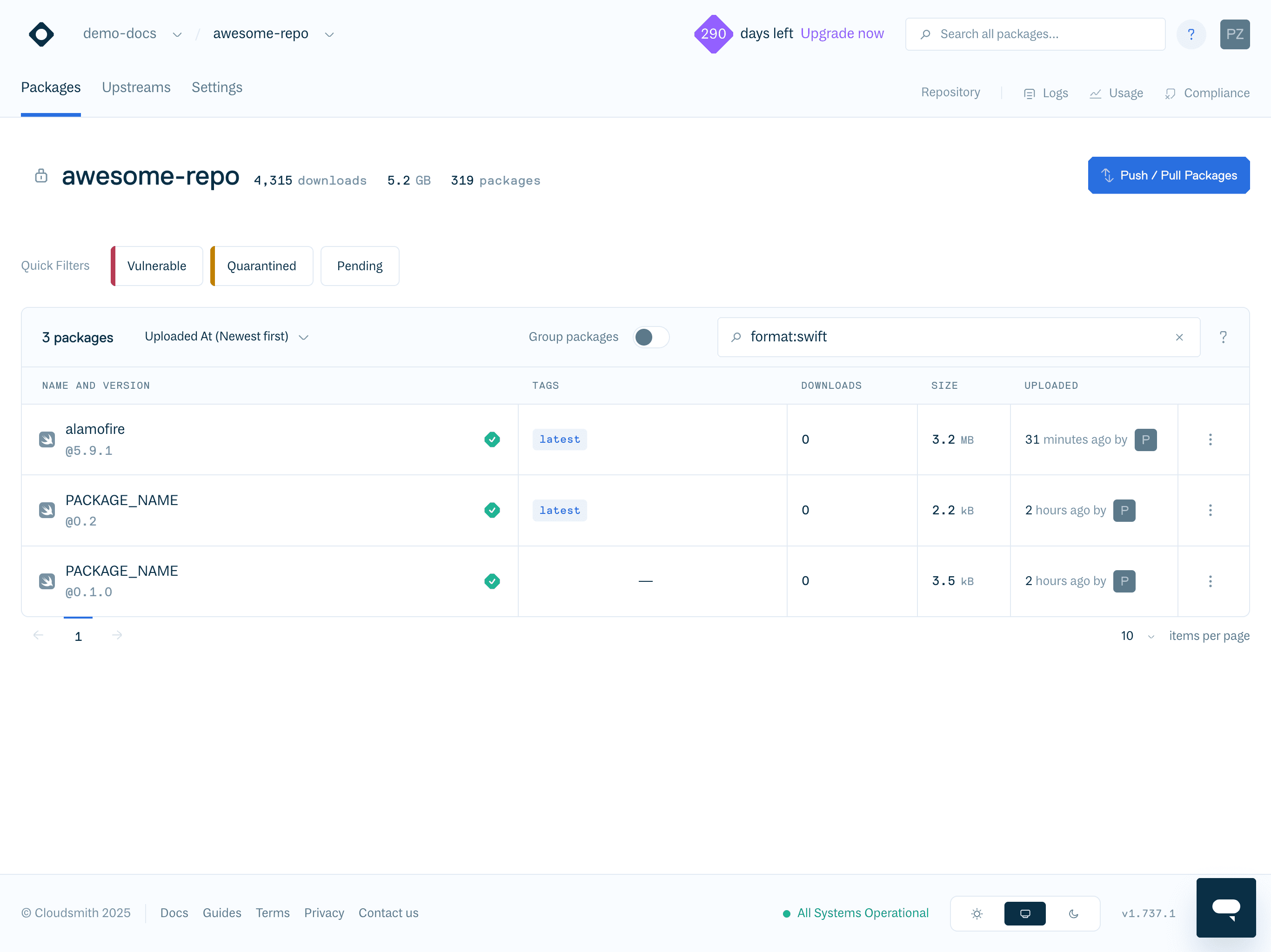 A Swift package listed in a Cloudsmith repository after upload