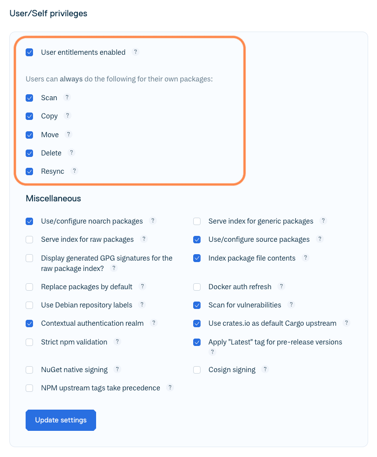 Repository User/Self Privileges