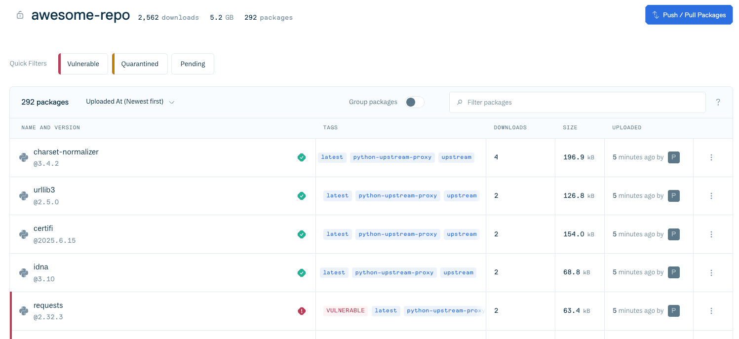 Terminal output showing packages resolved directly from a Cloudsmith repository