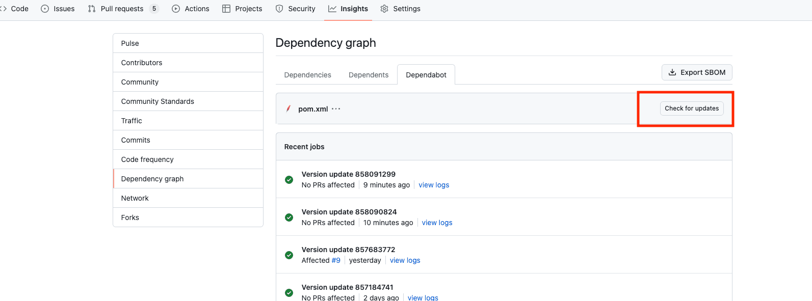 The Dependabot check for updates view, showing any connection errors