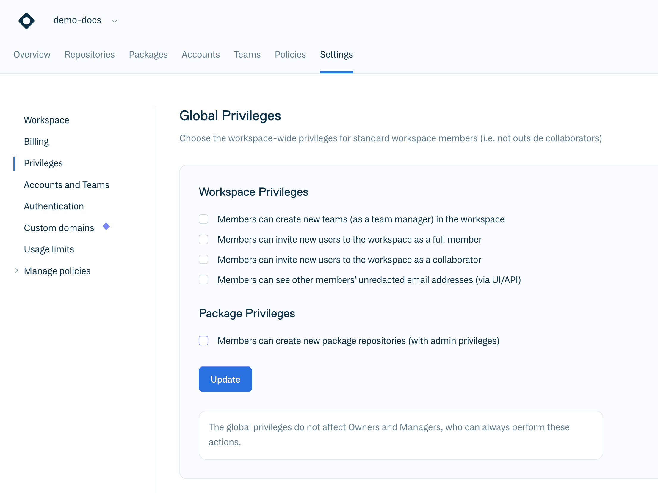 The global privileges settings that control what the Member role can do