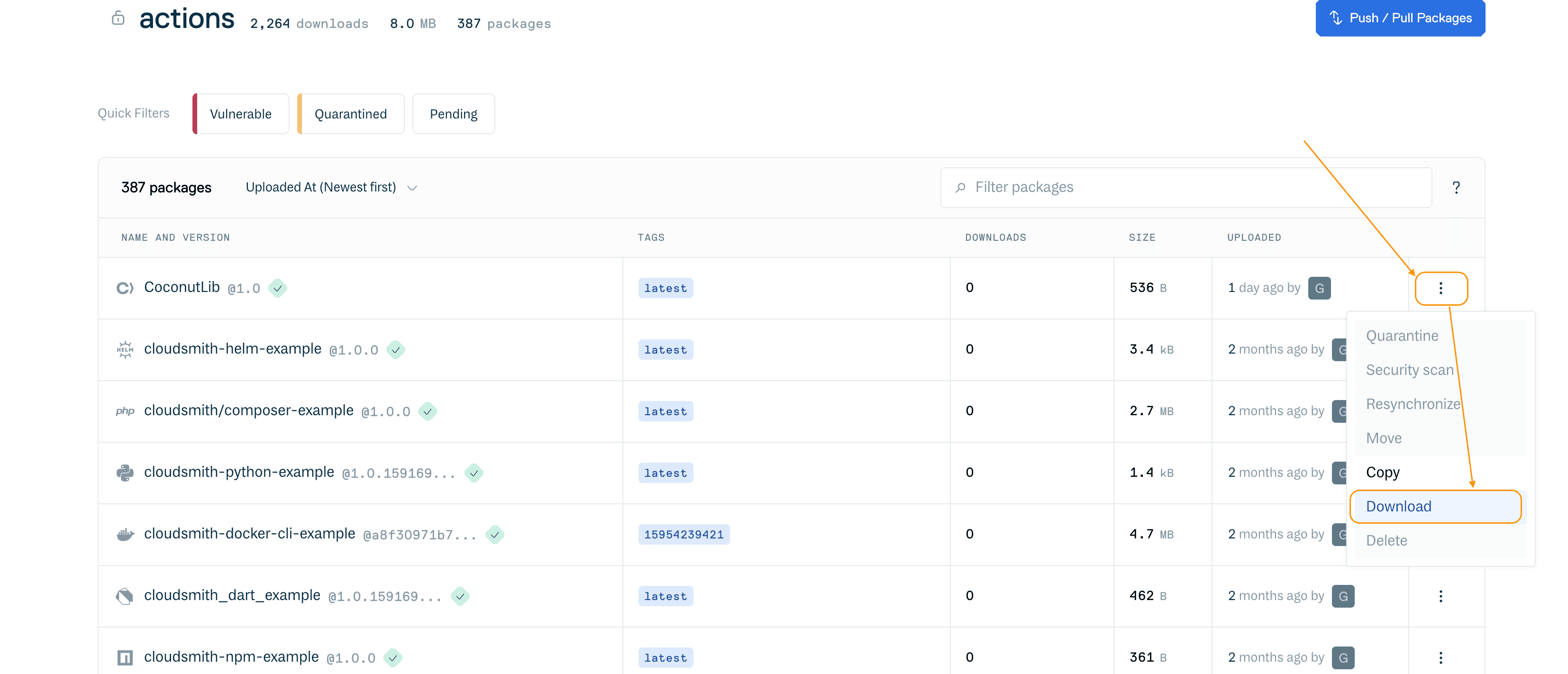 Download buttons on packages list (public repository)