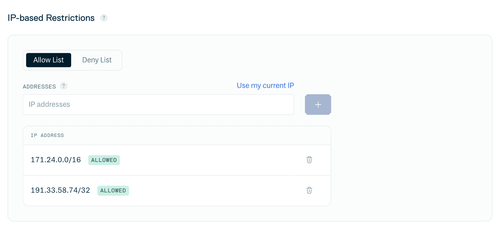 IP-based restrictions - IP address / CIDR entry