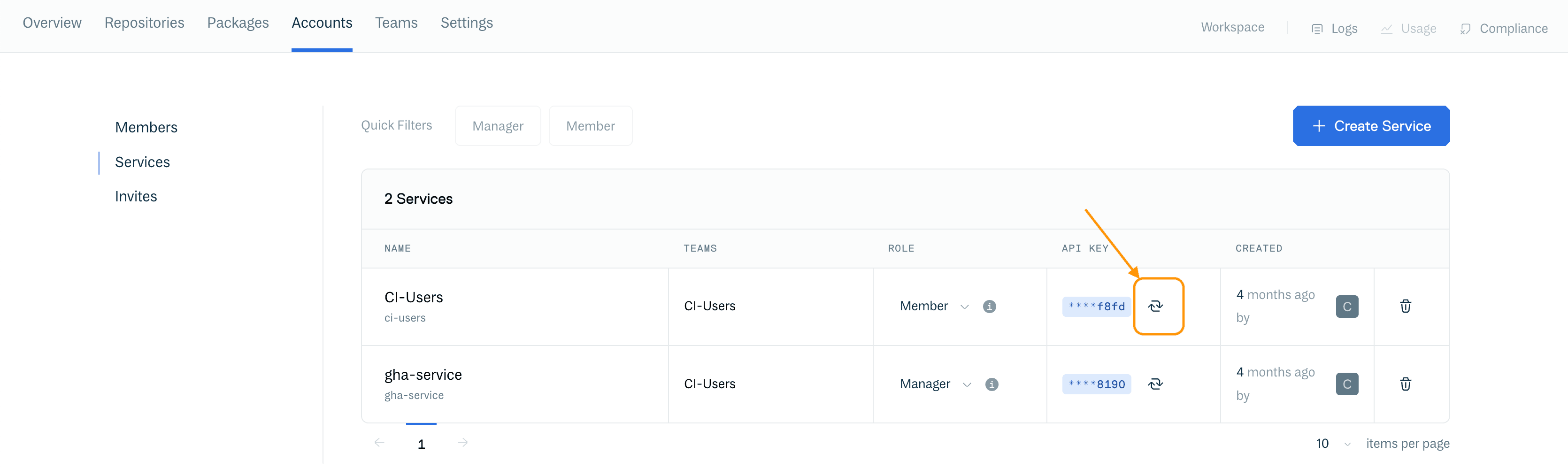 Service accounts menu, refresh API key
