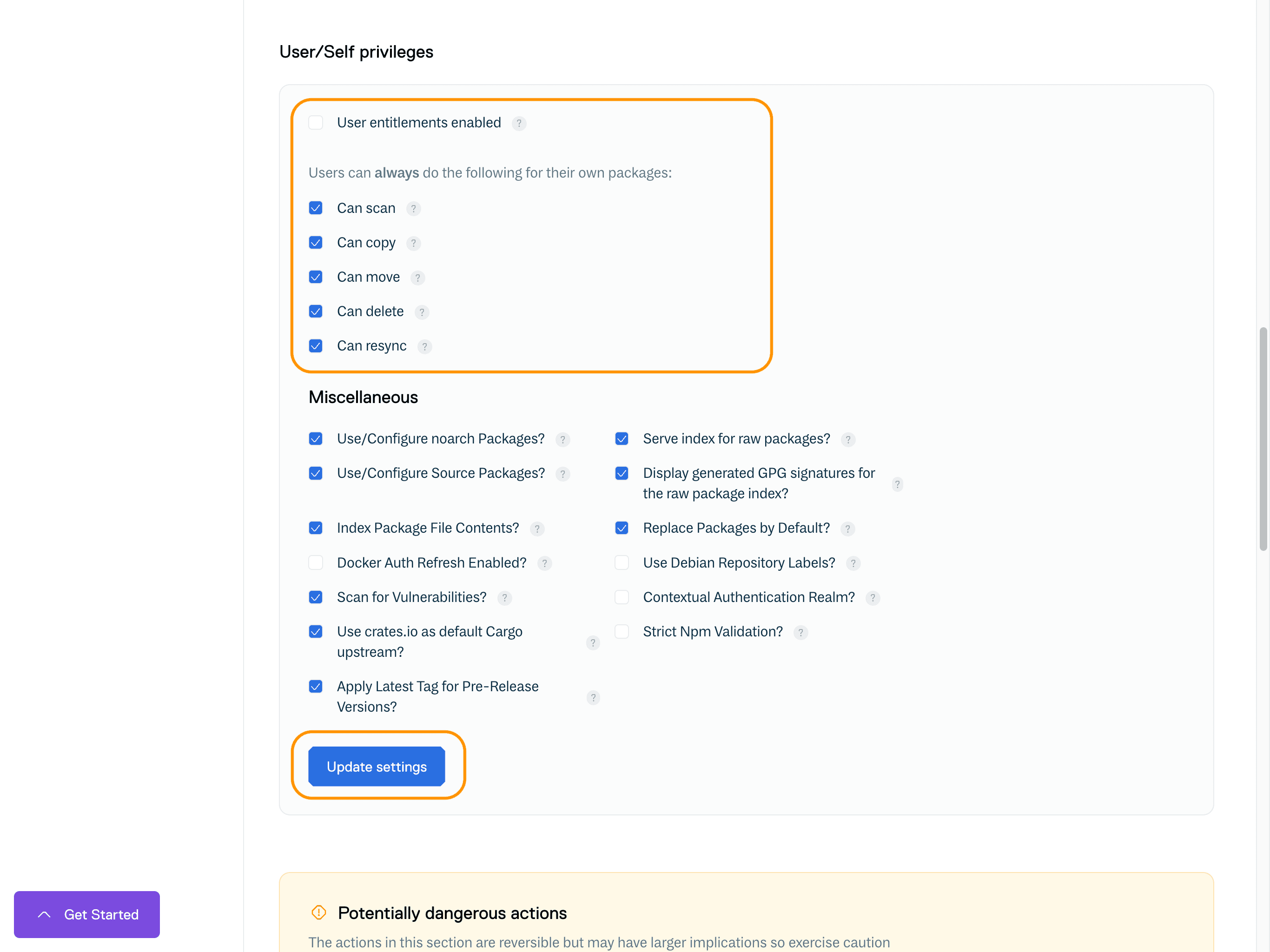 Repository User / Self Privileges