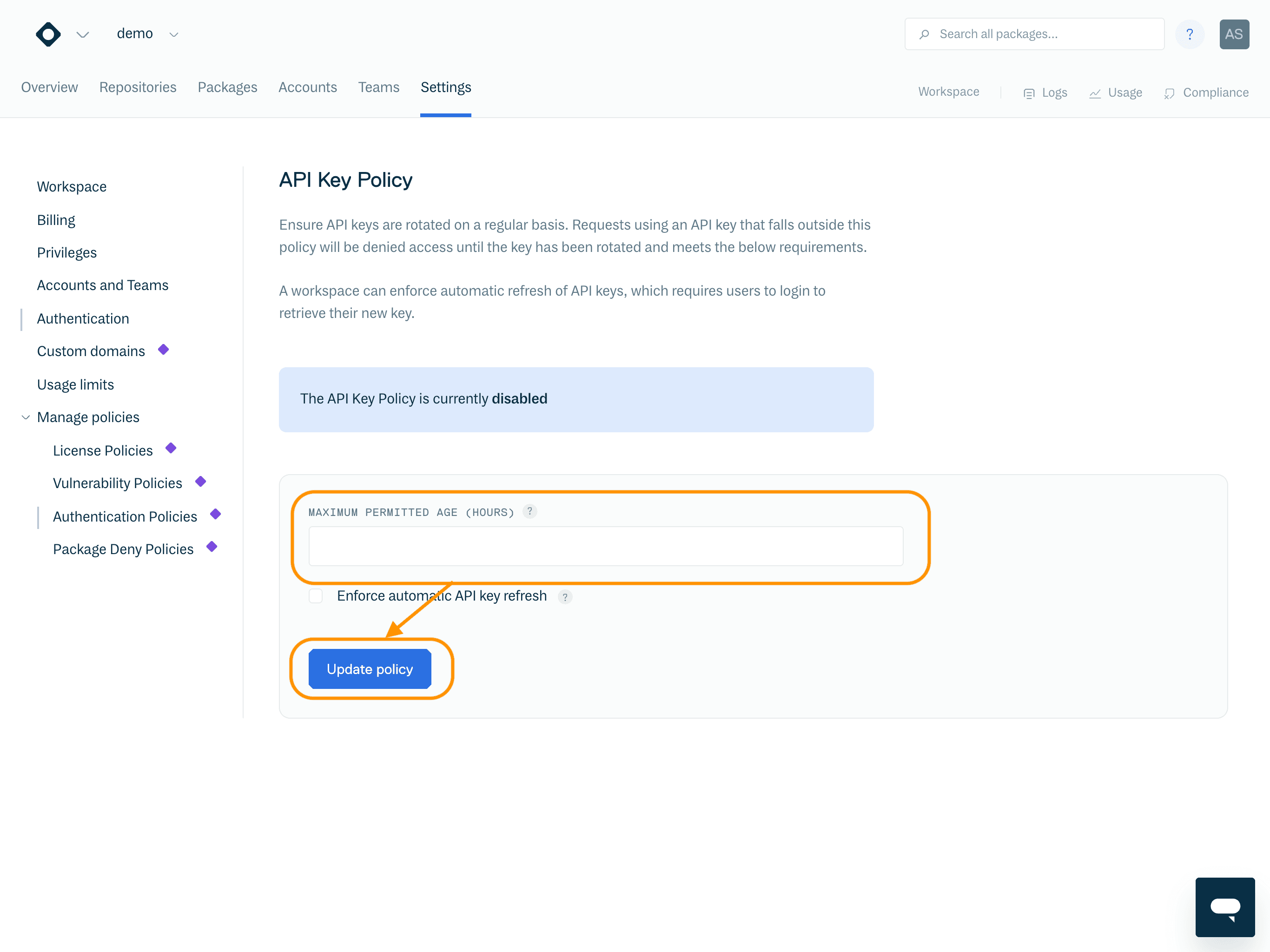 Enable API Key Policy