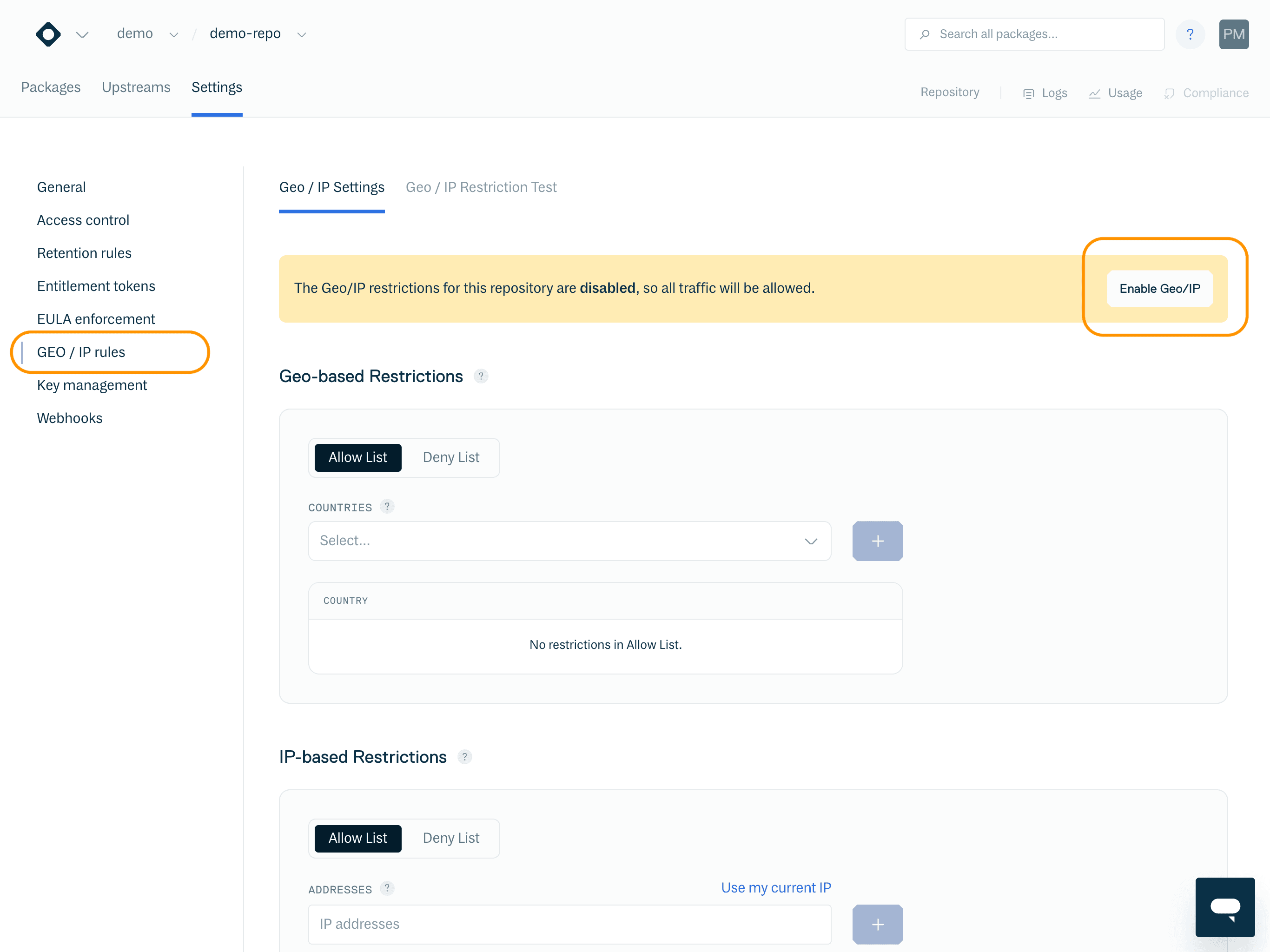 Geo / IP Restrictions configuration page