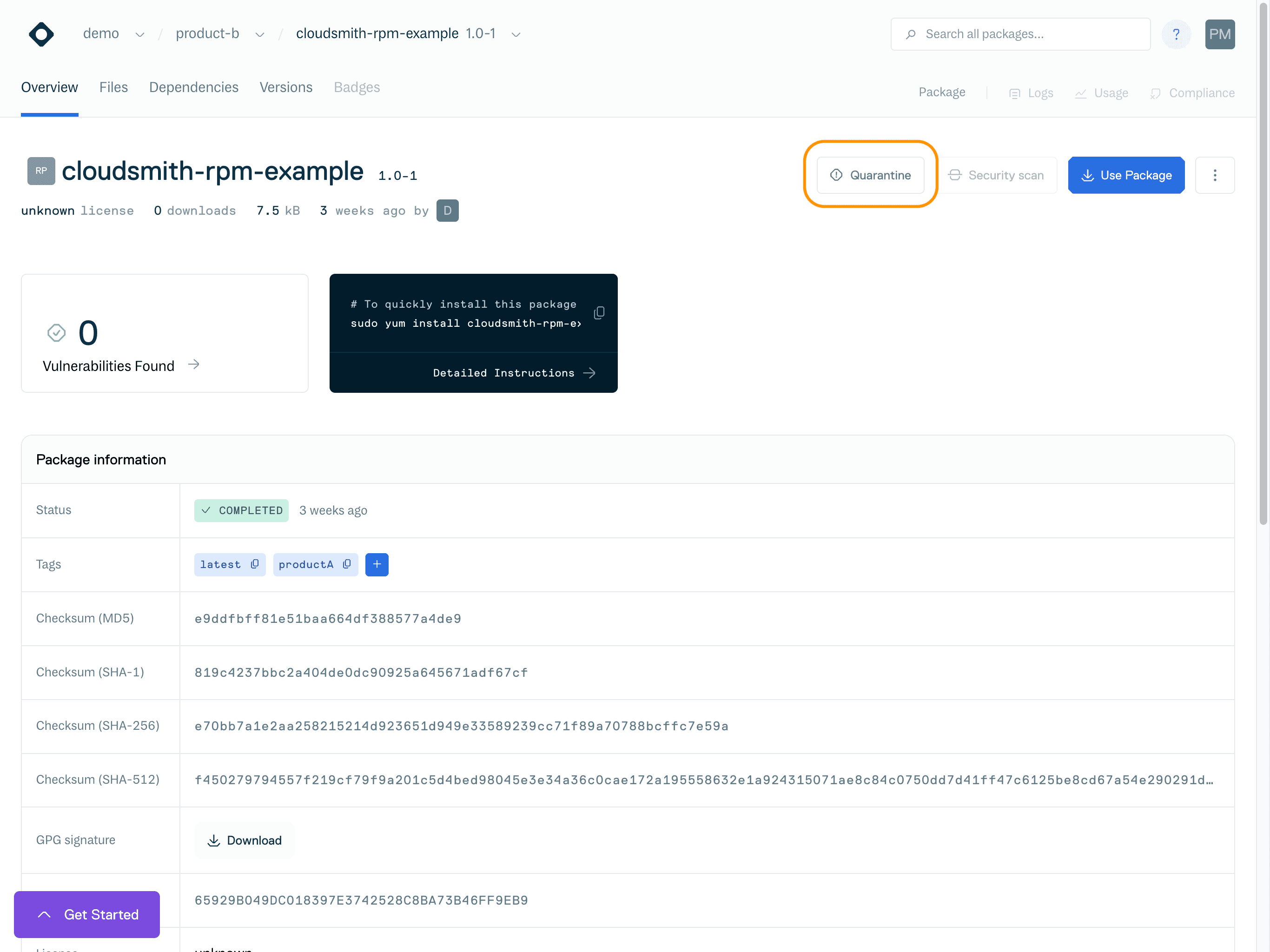 Quarantine Button on Package Details