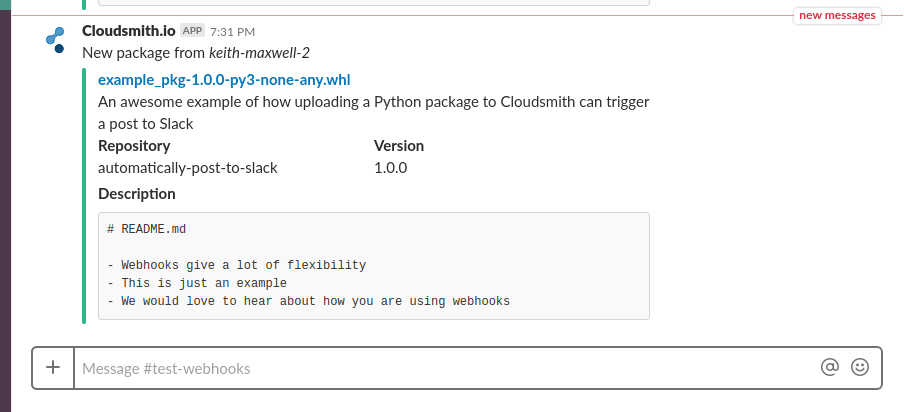 Slack message from Cloudsmith after a Python package synchronizes