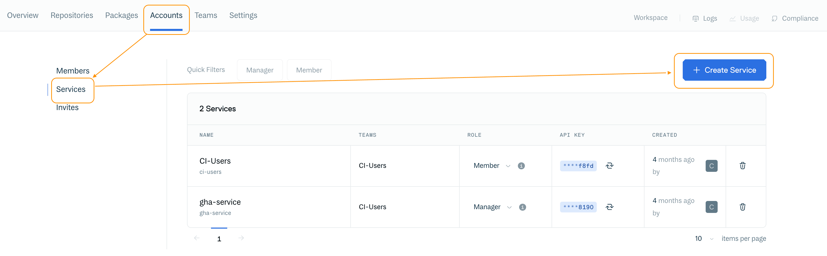 Accounts section