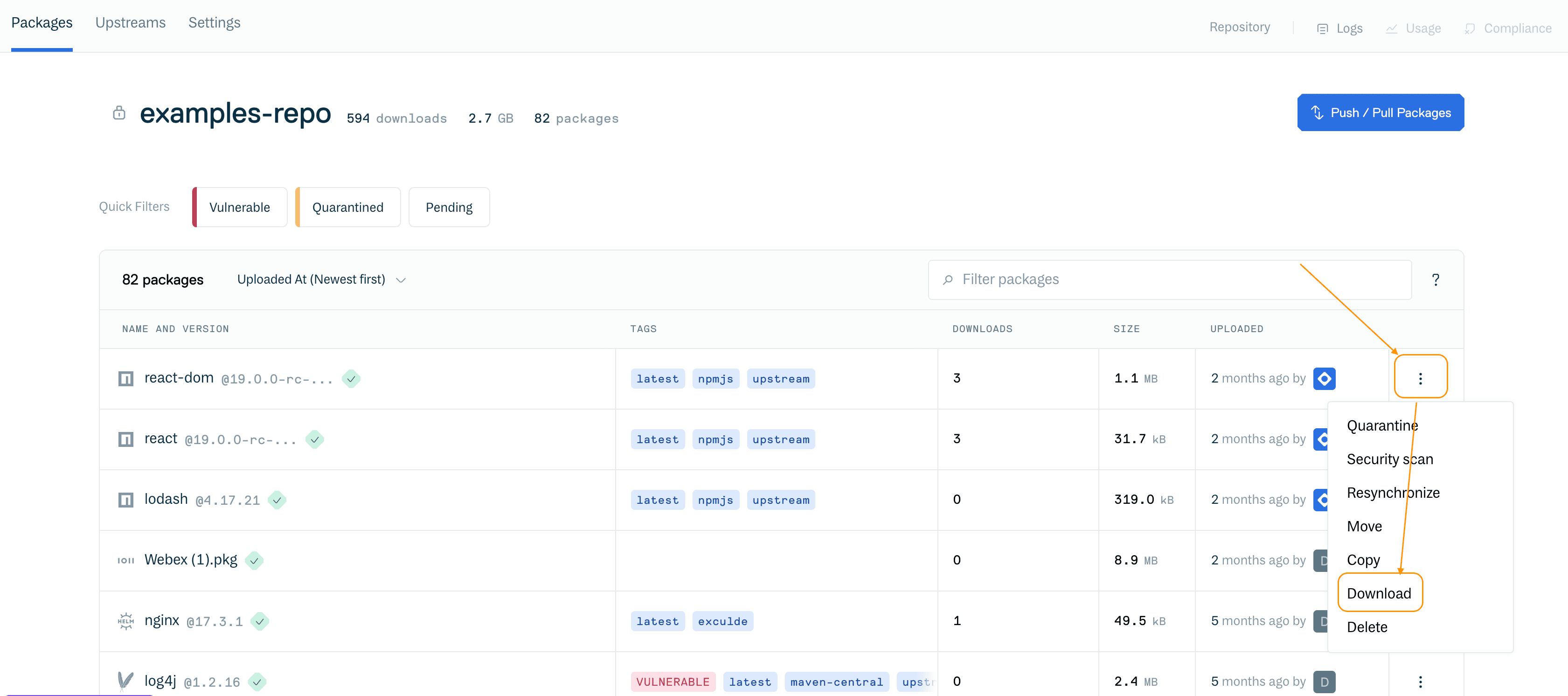 Download buttons on repository packages list (private repository)