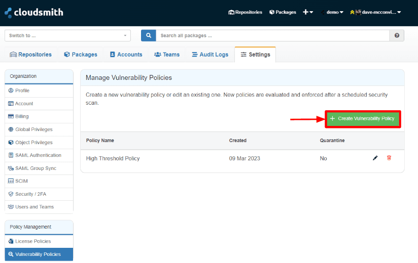 Create Vulnerability Policy Button