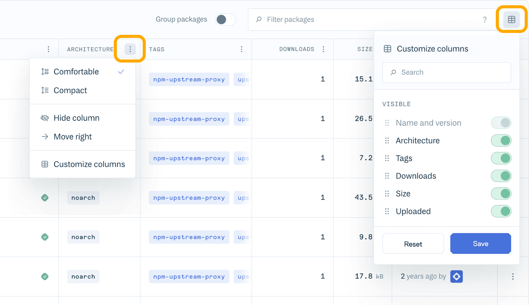 Select which columns are visible in the packages table