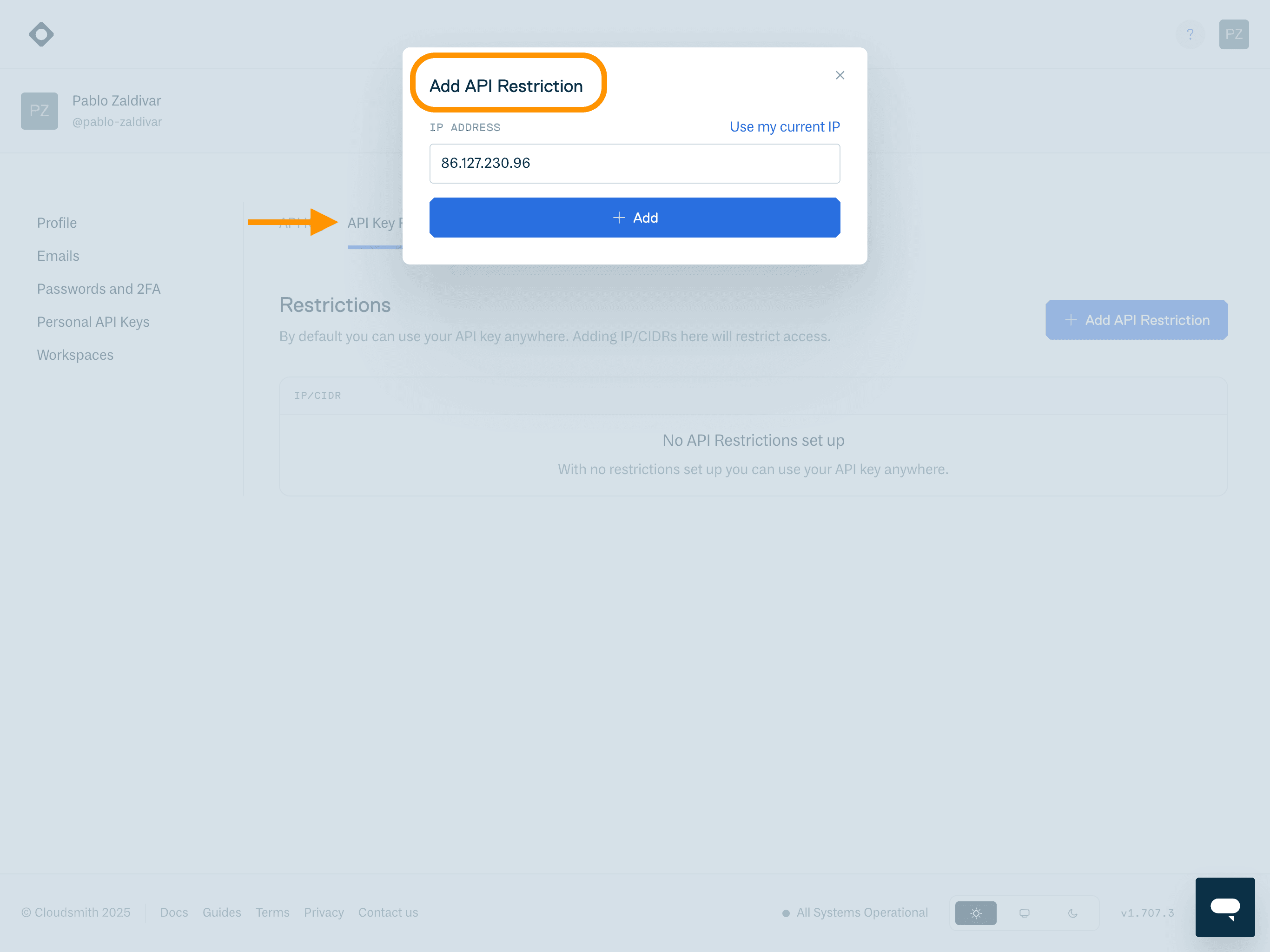 Setting API restrictions for a user API key
