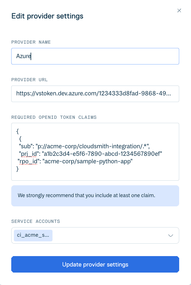 Cloudsmith Azure OIDC provider configuration