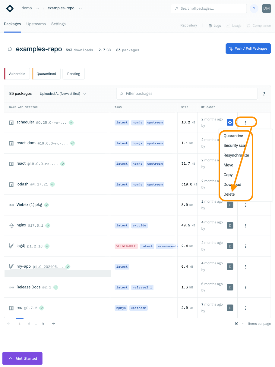 Delete package button on repository packages list