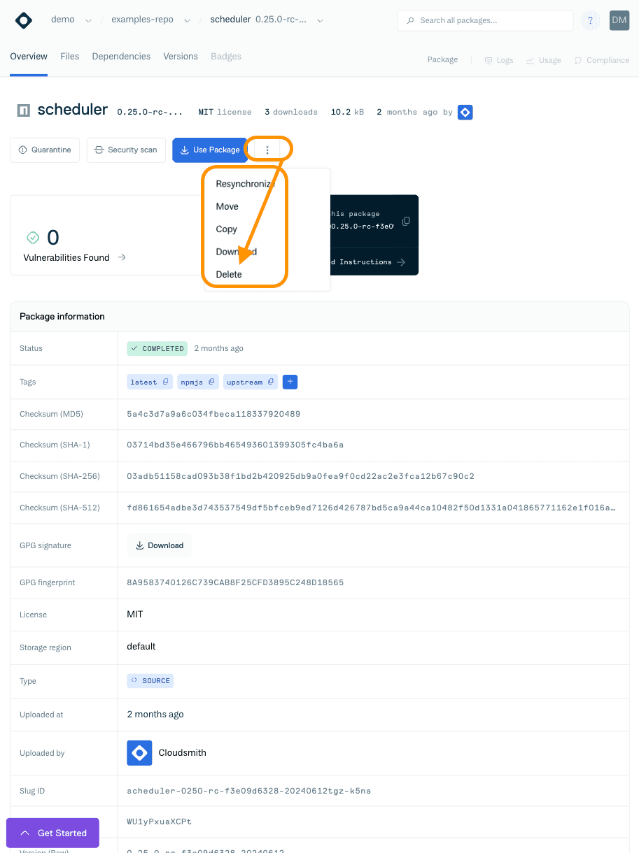Delete package button on package detail page