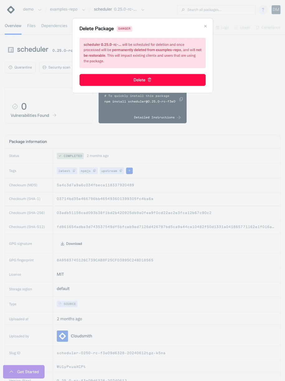 Delete package form