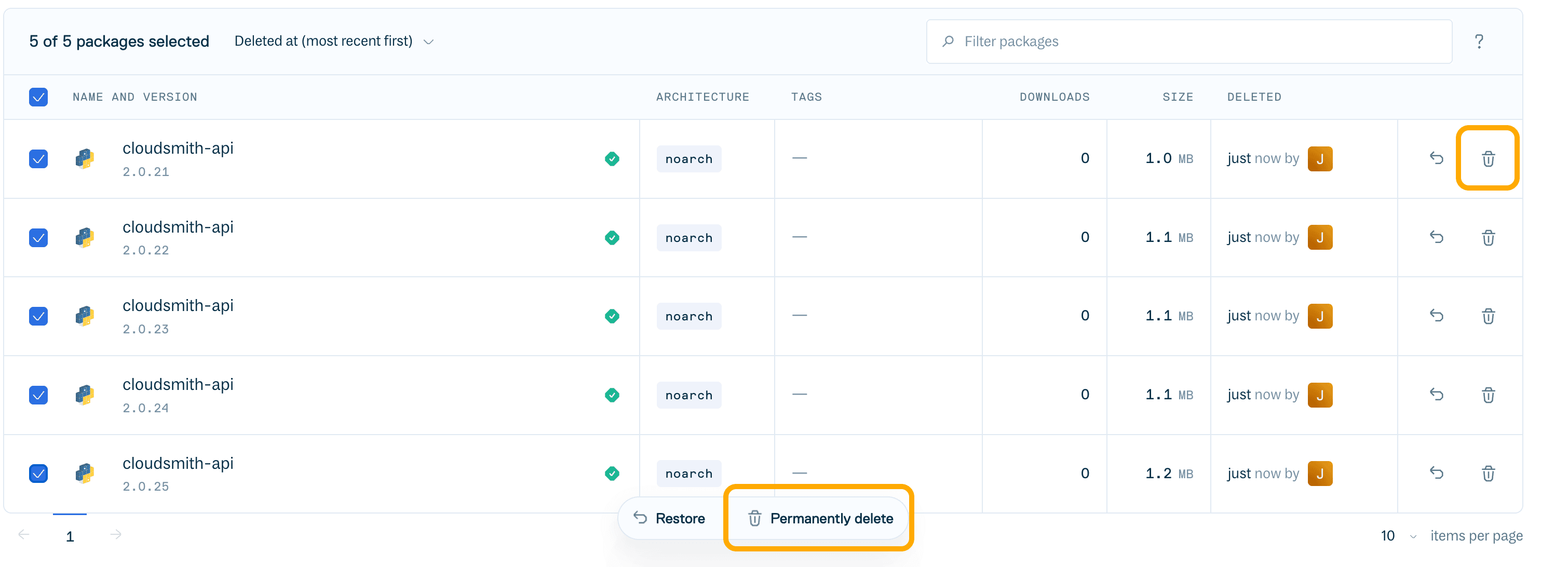 Delete packages