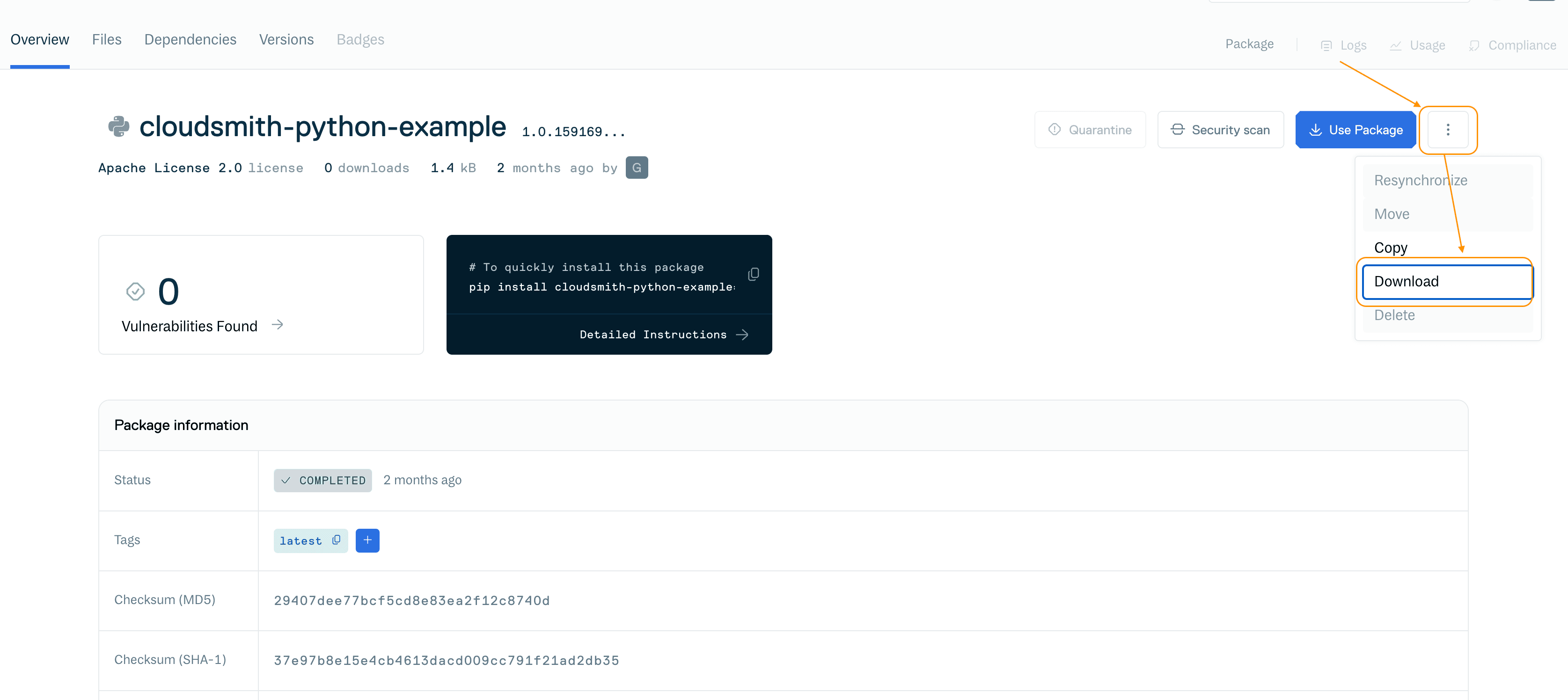 Download button on package detail page (public repository)