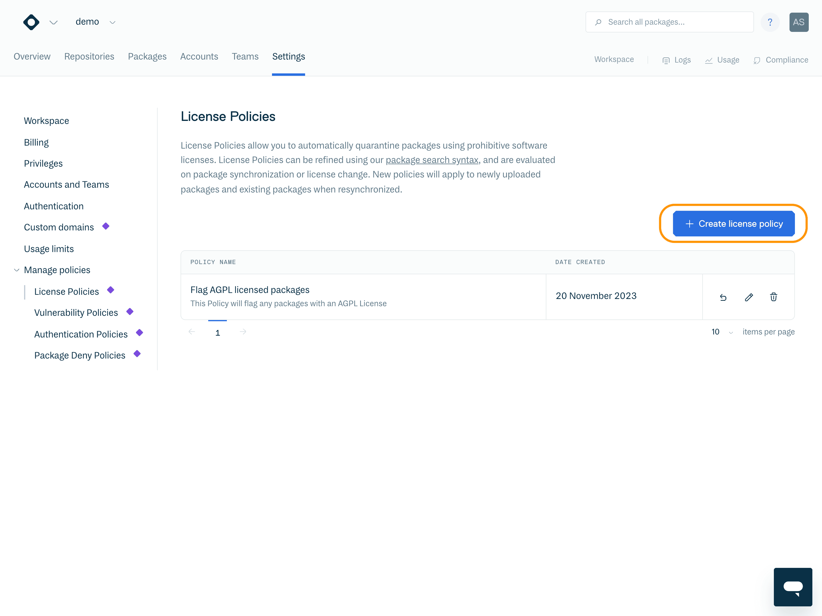 Create License Policy Button