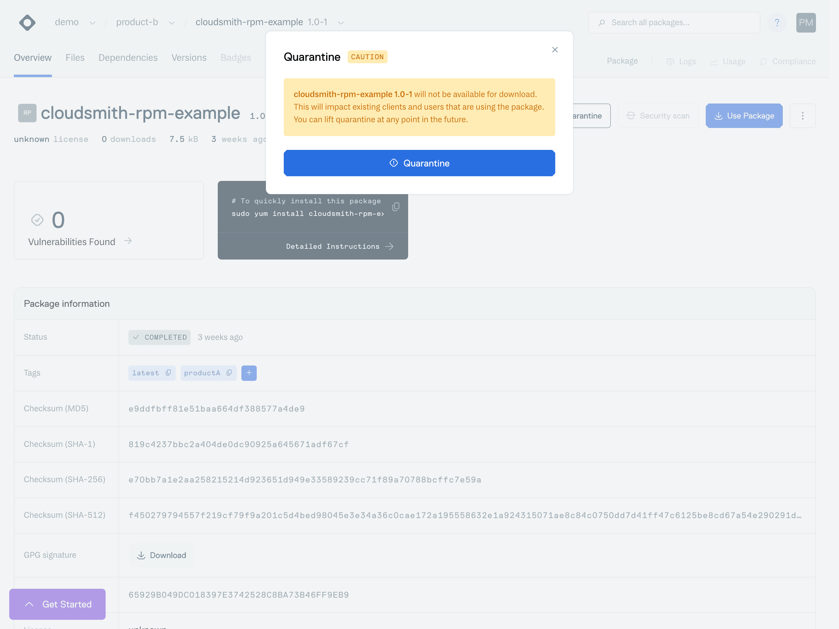 Confirmation that you'd like to quarantine the package
