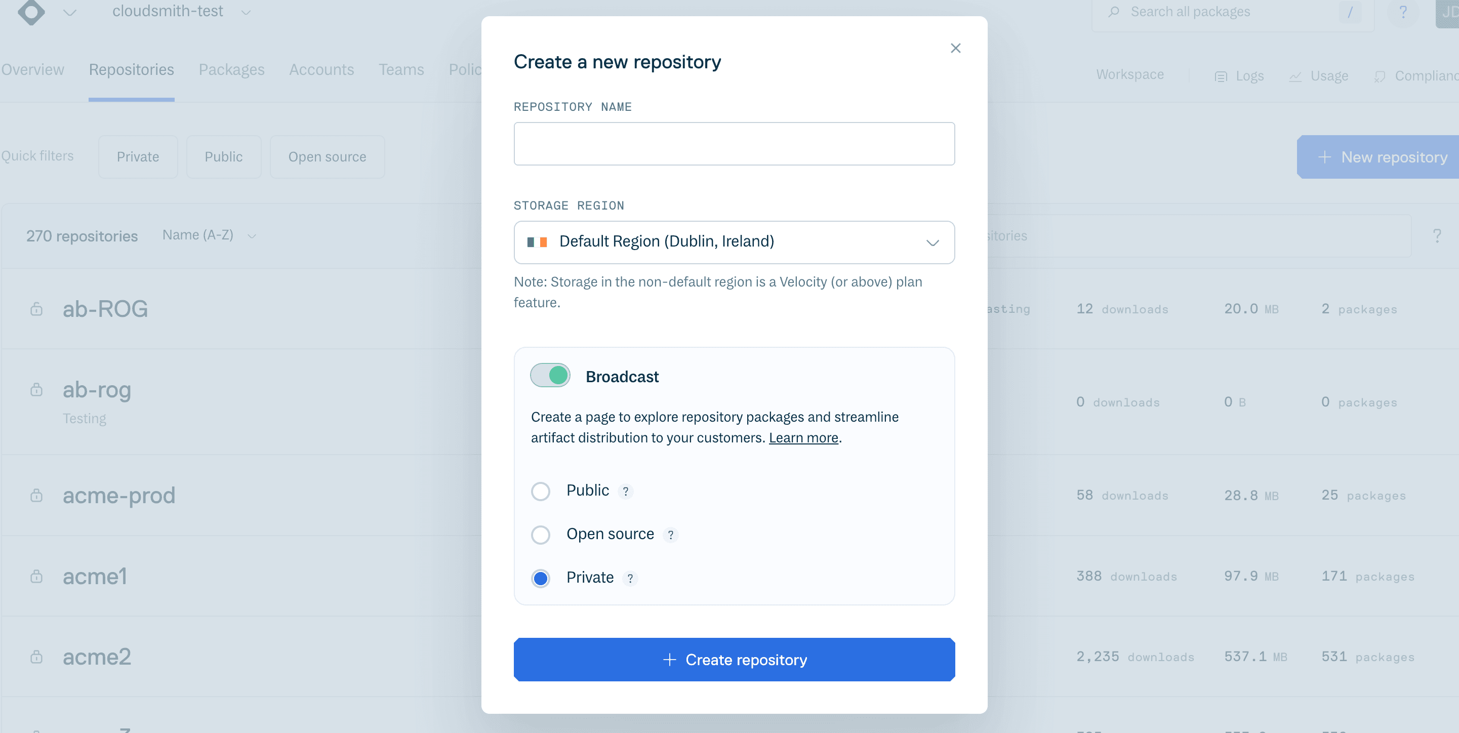 Create new repository modal