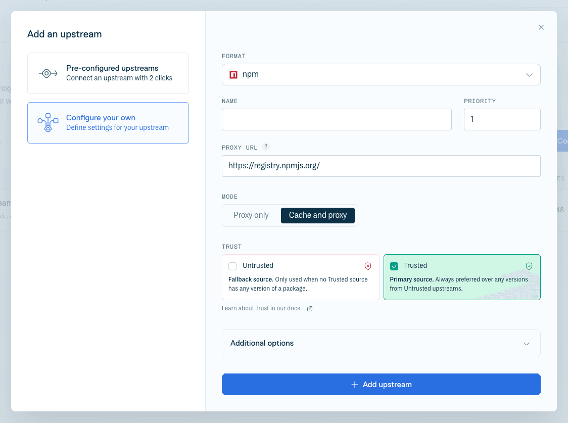 Create NPM Upstream Form