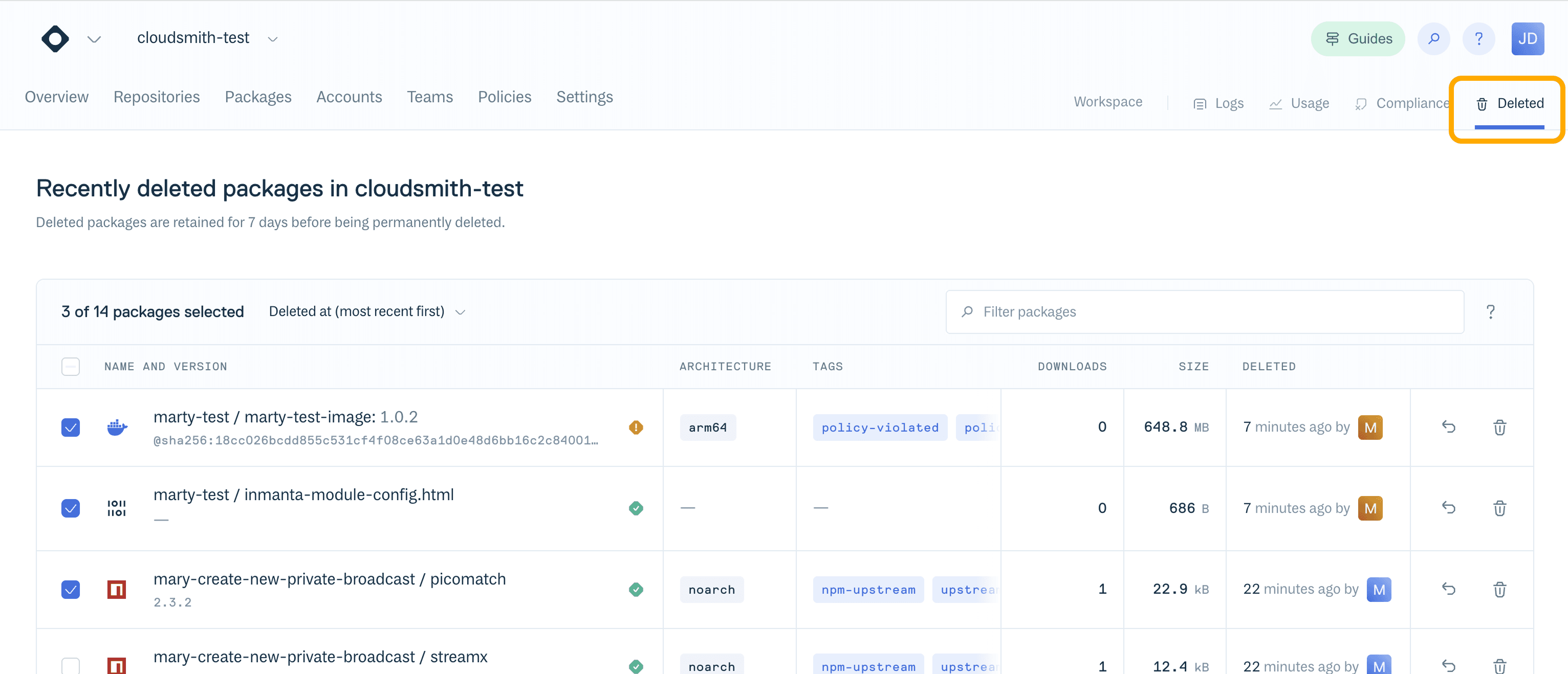 Recently deleted packages page